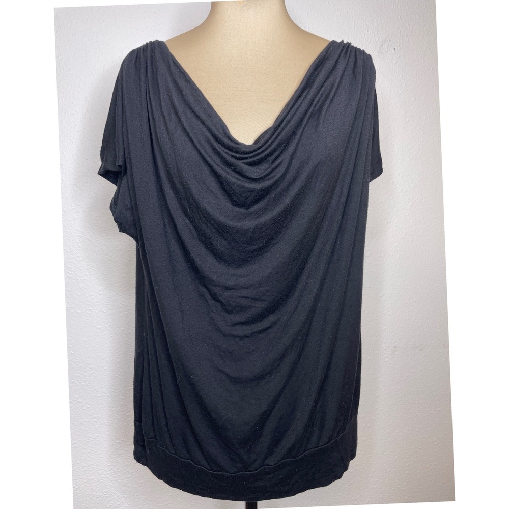 Pleione Womens Top Cowl Neck Short Sleeve Layering Minimalist Large Black